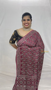 Vriksham Grape Wine Printed Ajrakh Modal Silk Saree-VS4443